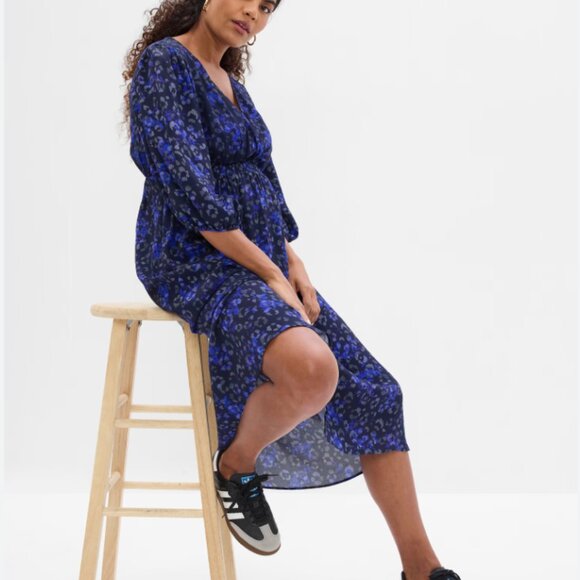 GAP Maternity Blue Leopard Print Midi Dress - Size Small - Picture 1 of 14